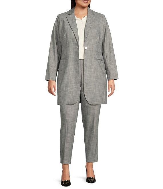 Calvin Klein Plus Size Stretch Heathered Woven Notch Lapel Collar Long Sleeve One-Button Long Jacket Product Image