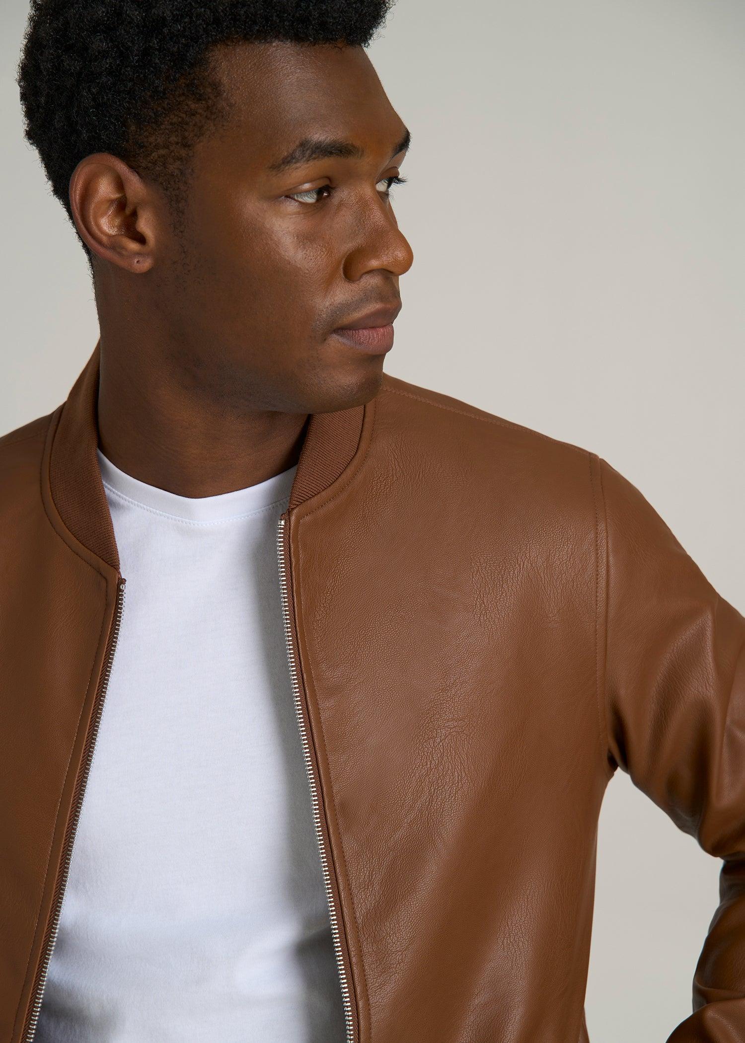 Faux Leather Bomber Jacket for Tall Men in Aztec Brown Product Image