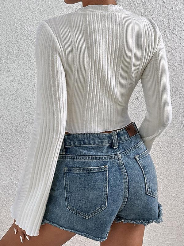 White Ruched Crop Flare Long Sleeve Knit Product Image