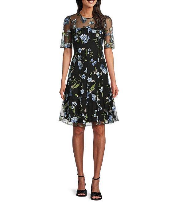 Jessica Howard Crew Neck Elbow Sleeve Floral Embroidered Fit-and-Flare Dress Product Image
