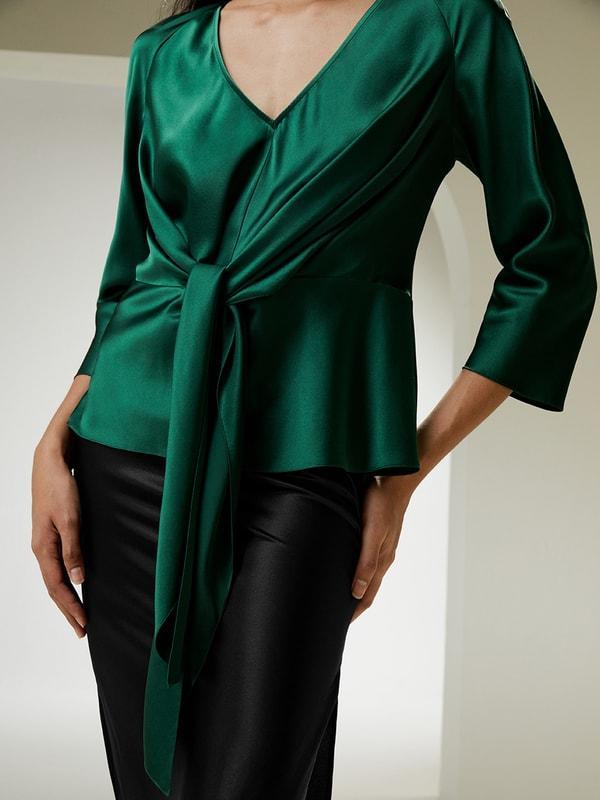 V Neck Silk Blouse with Waist Tie Product Image