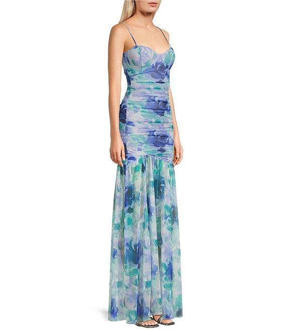 Honey and Rosie Printed Spaghetti Strap Sweetheart Neck Shirred Long Fitted Dress Product Image