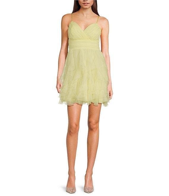 Pear Culture V-Neck Lace-Up Back Mesh Ruffle Dress Product Image