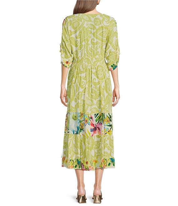 John Mark Tropical Printed Y-Neck Short Dolman Sleeve Embroidered Midi Dress Product Image