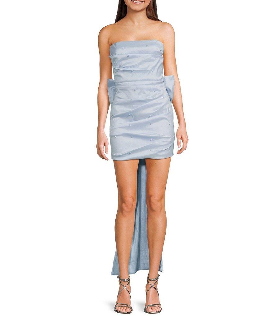 Allison & Kelly Strapless Pearl Taffeta Bow Back Mini Train Dress Product Image