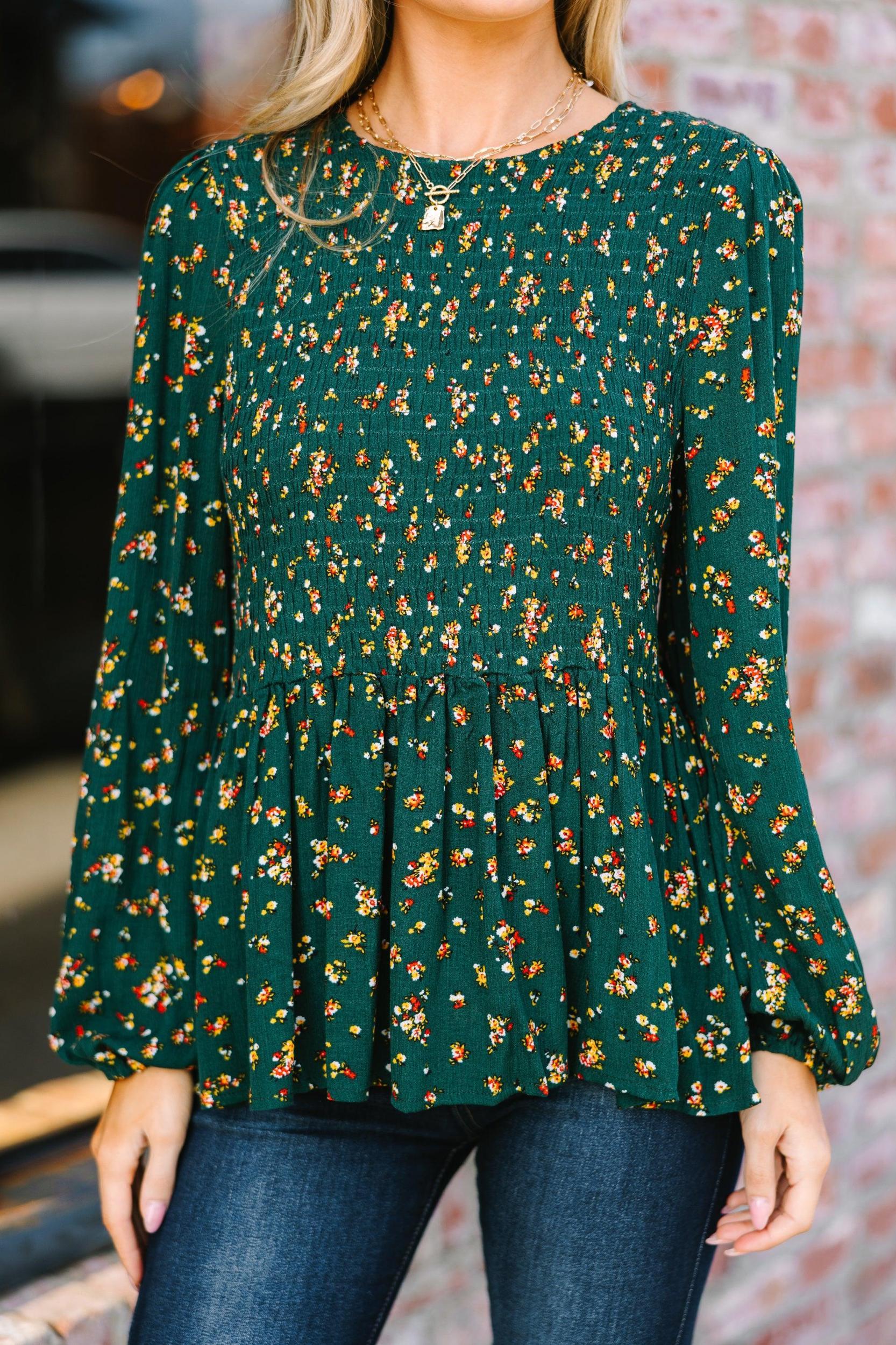 Getting Close Hunter Green Ditsy Floral Blouse Female Product Image