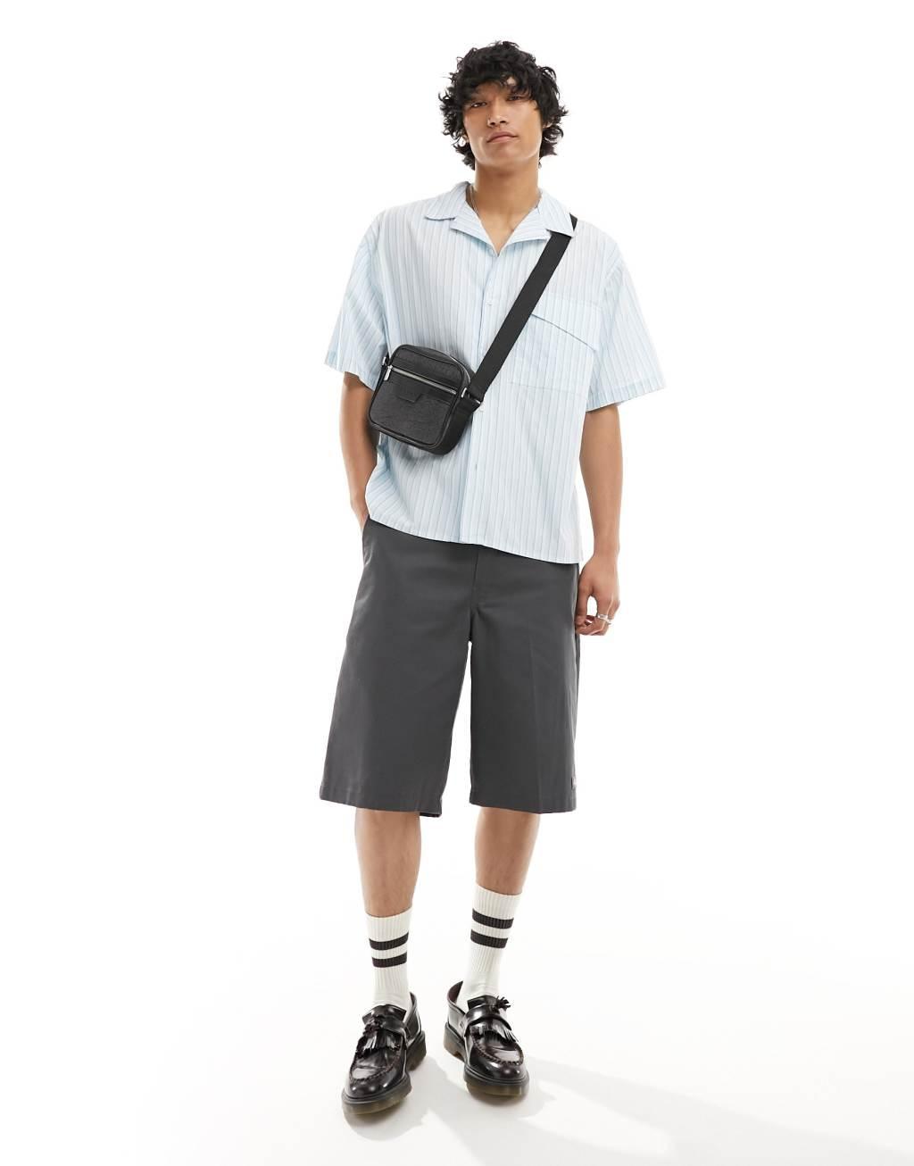 COLLUSION oversized poplin revere short sleeve shirt in blue stripe Product Image