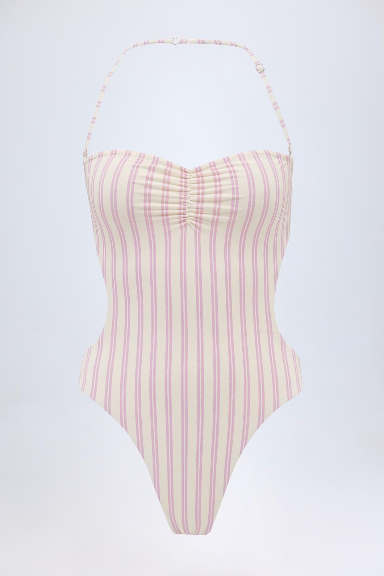 Cut-Out Halterneck Swimsuit in Mauve Double Stripe Product Image