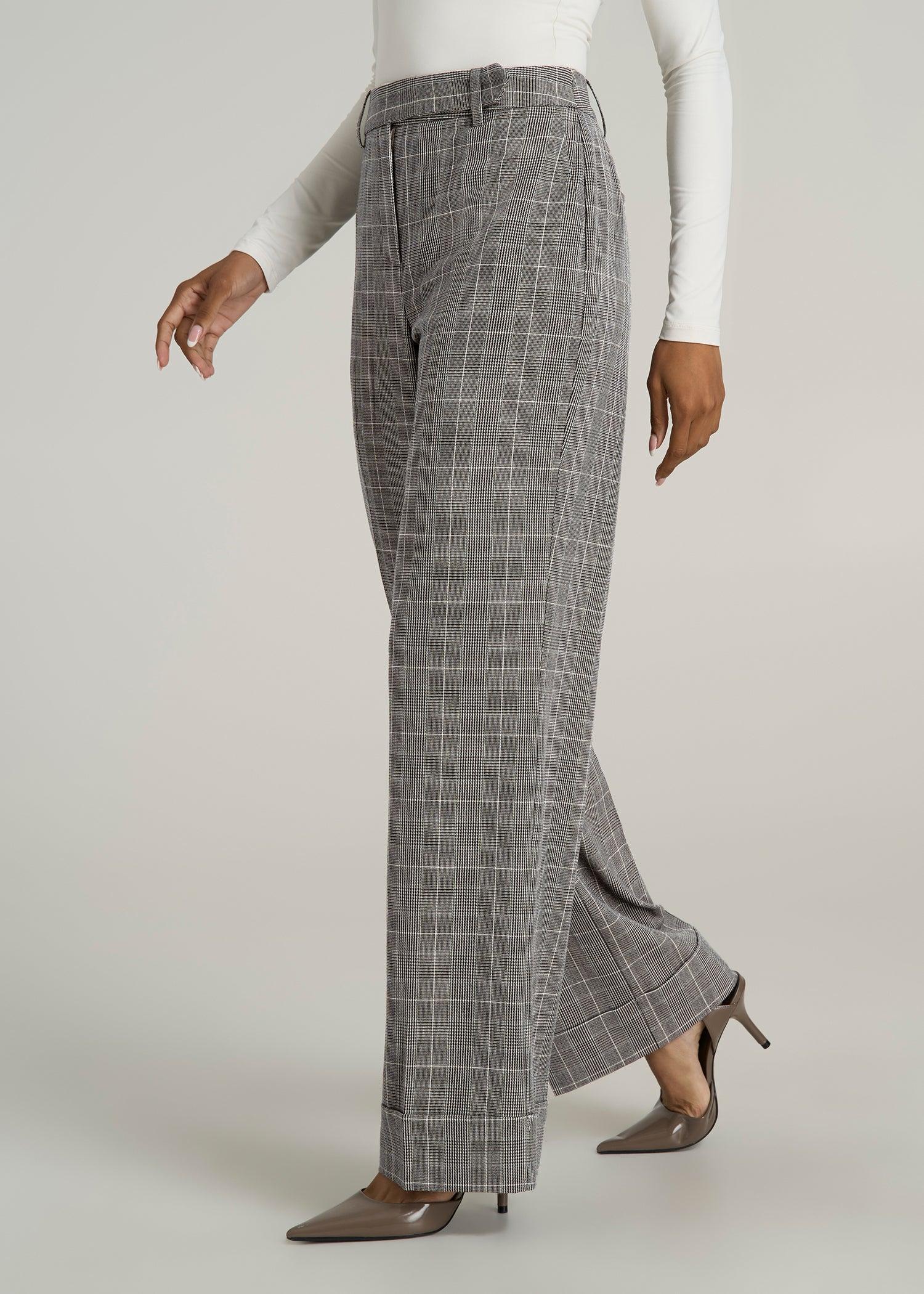 Wide-Leg Cuffed Pants for Tall Women in Navy Houndstooth with Teal Product Image