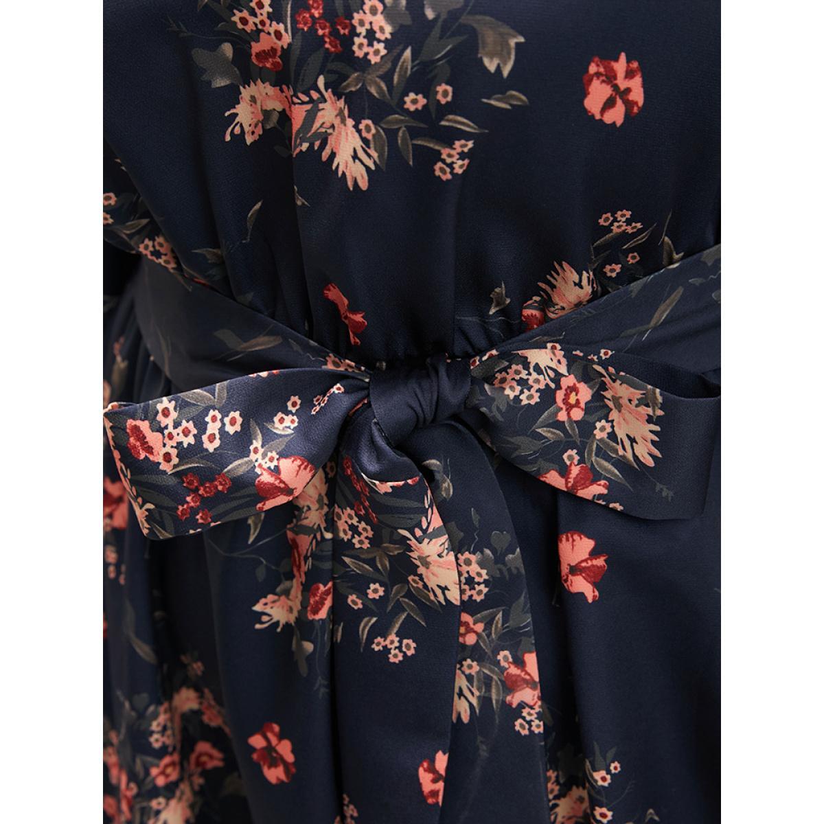 Plus Size Floral Print V Neck Lantern Sleeve Pocket Belted Dress Navy Women Elegant Elastic Waist V-neck Long Sleeve Curvy Midi Dress BloomChic 30/6X Product Image