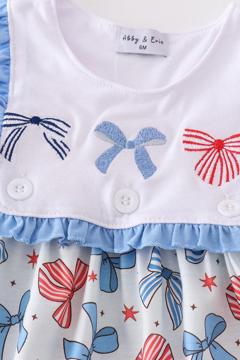 Bow trellis print embroidery ruffle dress Product Image