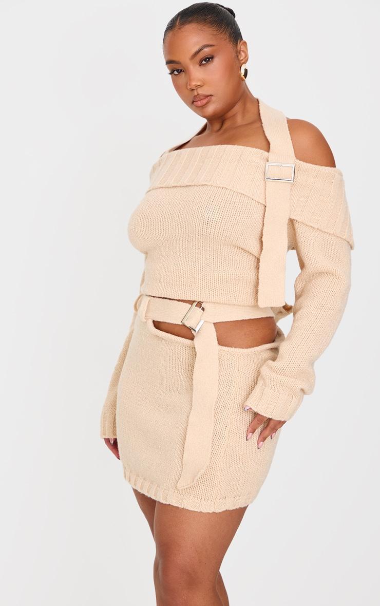 Plus Cream Knitted Cut Out Buckle Detail Mini Skirt Product Image