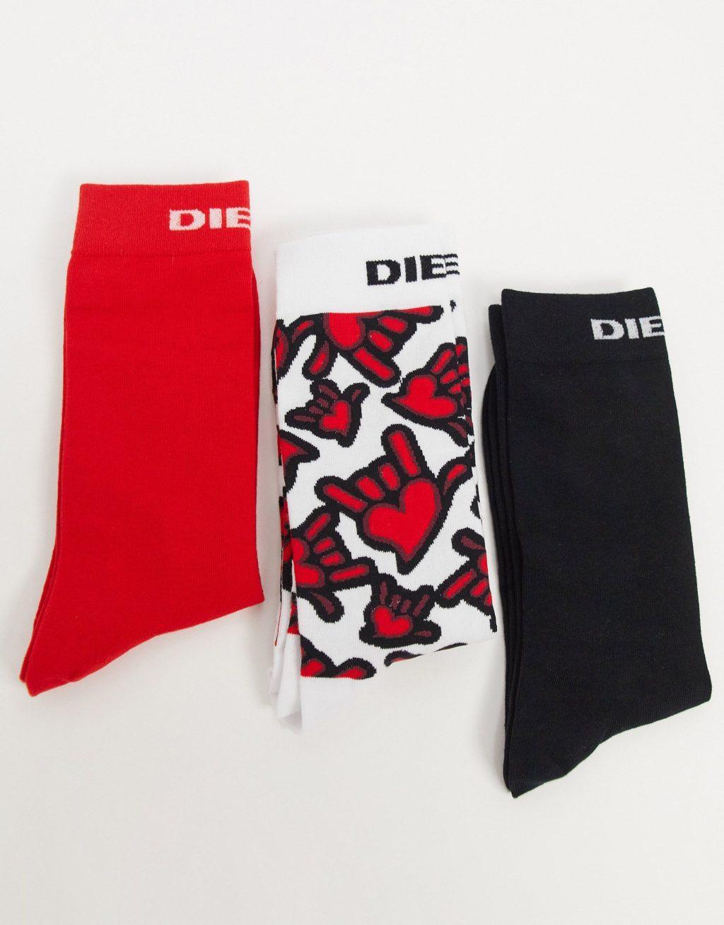 Diesel 3 pack socks with hand print in white/black/red Product Image