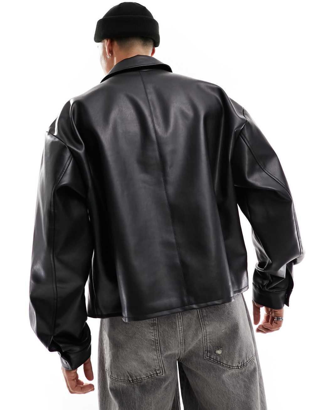 ASOS DESIGN oversized cropped faux leather harrington jacket in black Product Image