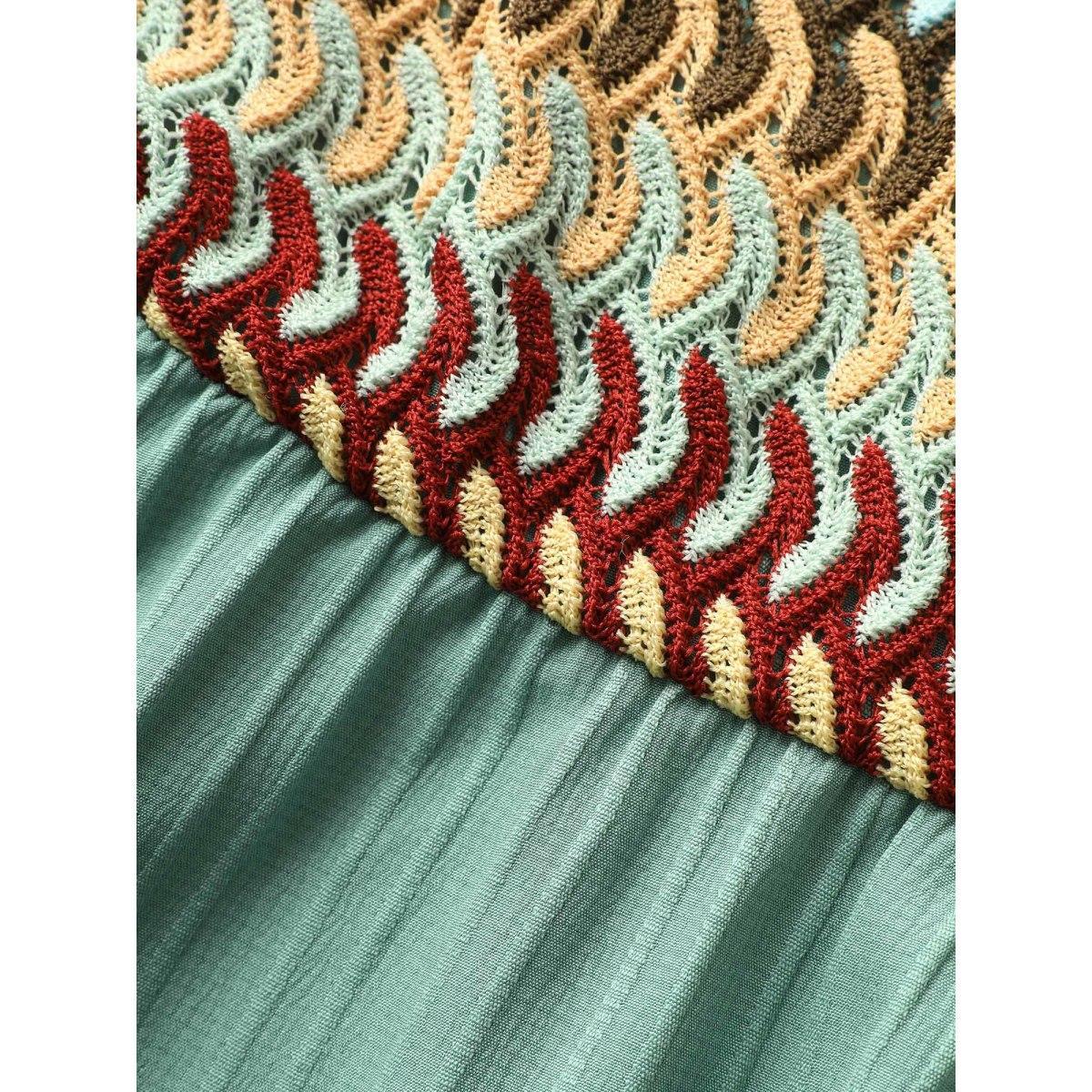 Plus Size Mint Texture Patchwork Ruffle Sleeve Button Detail Blouse Women Resort Short sleeve V-neck Vacation Blouses BloomChic 12/L Product Image