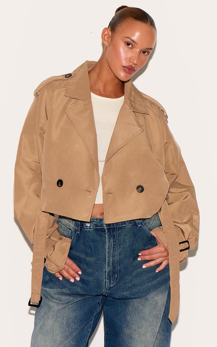 Plus Taupe Belted Cropped Trench Coat Product Image