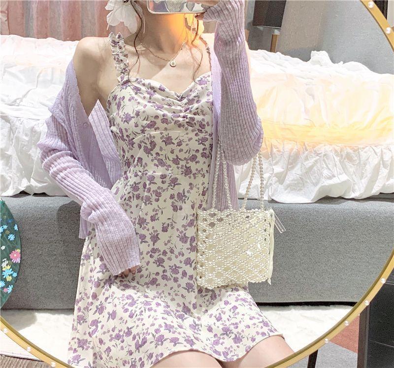 Spaghetti Strap Floral Print Mini A-Line Dress / Cardigan Product Image