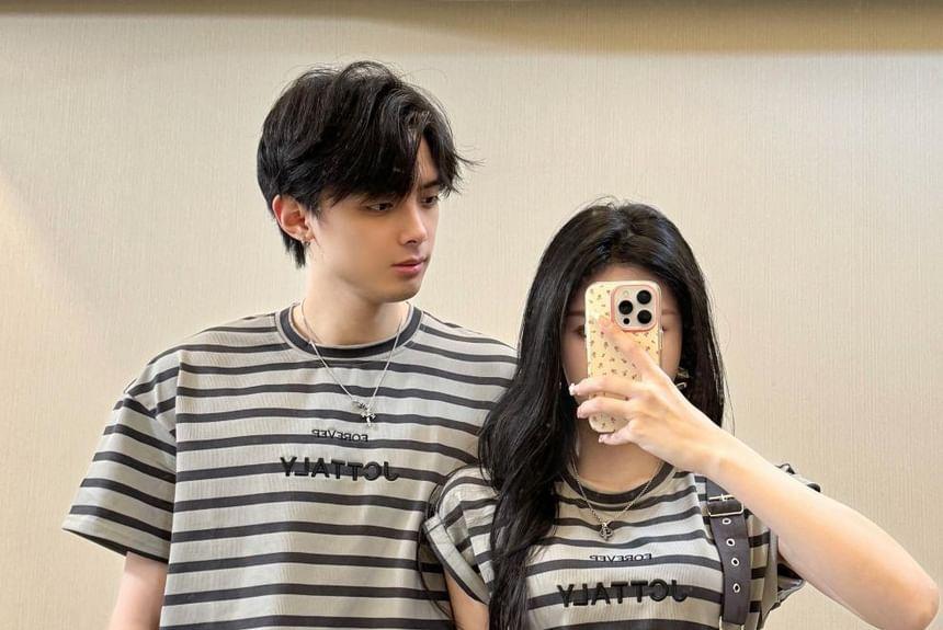 Couple Matching Cap-Sleeve Round Neck Mock Two-Piece Striped Ruched Slit Midi Sheath Dress / Short-Sleeve Tee / Plain Wide Leg Shorts (Various Designs) Product Image