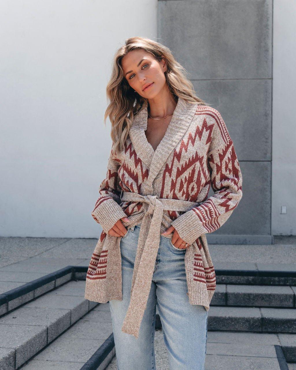 Taupe Aztec Belted Cardigan Female Product Image