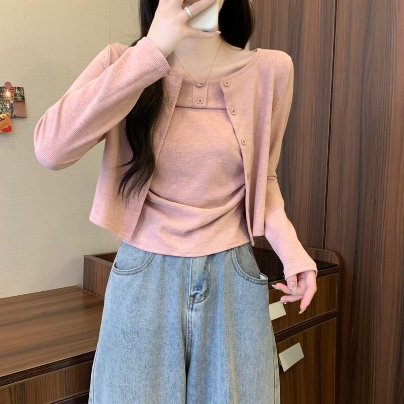 Set: Plain Crop Cardigan + Cami Top Product Image