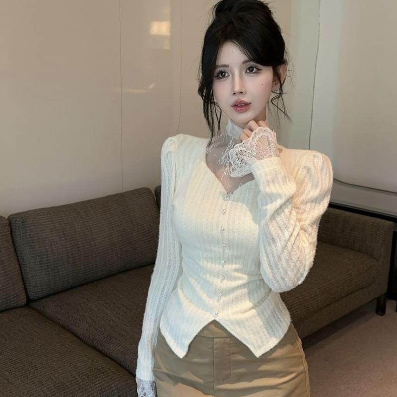 Long Sleeve V-Neck Lace Trim Faux Pearl Button Ribbed Knit Top Product Image