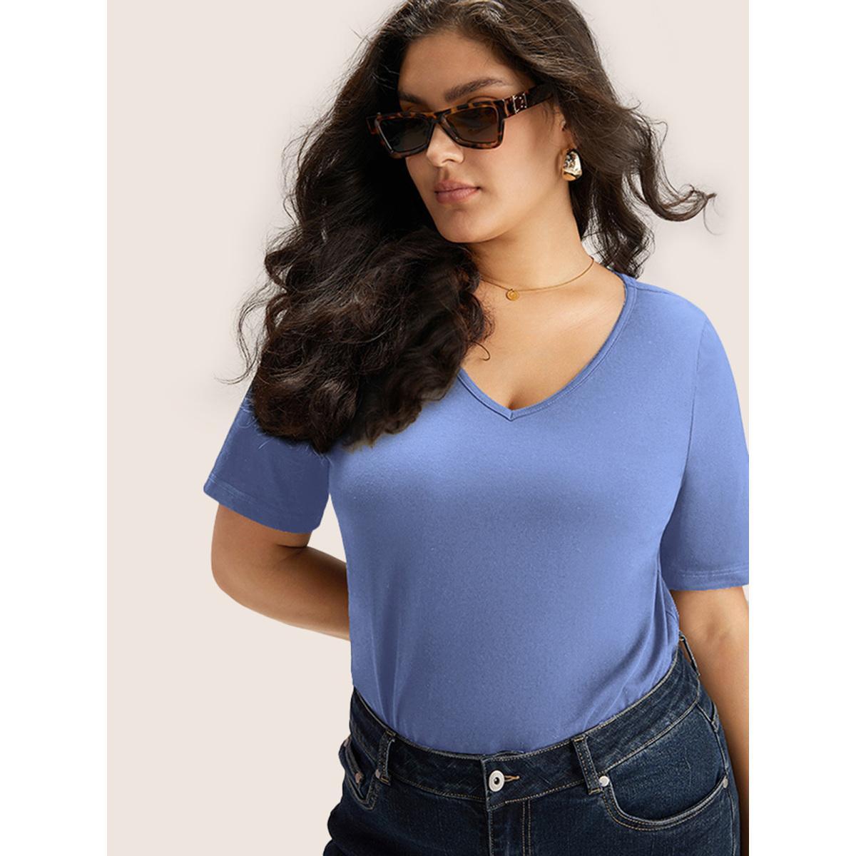 Plus Size Cotton V Neck Plain Basic T-shirt Stone Women Basics Non Plain V-neck Everyday T-shirts BloomChic 30/6X Product Image