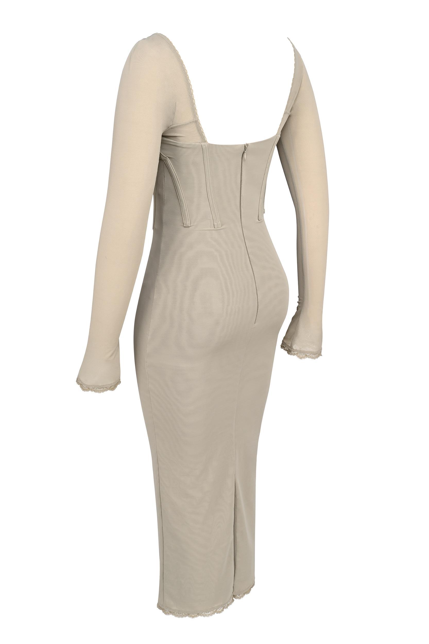 Saisha  beige mesh long sleeve bodycon midi dress Product Image