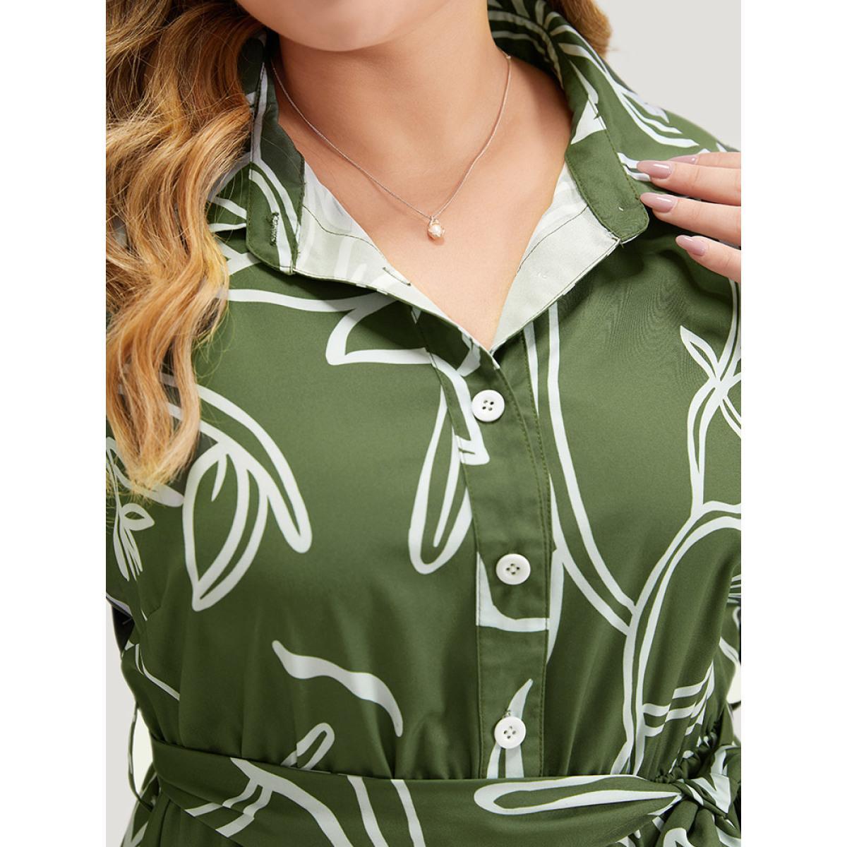 Plus Size Graphic Print Belted Shirt Collar Button Up Dress Sage Women Office Belted Shirt collar Short sleeve Curvy Midi Dress BloomChic 26/4X Product Image
