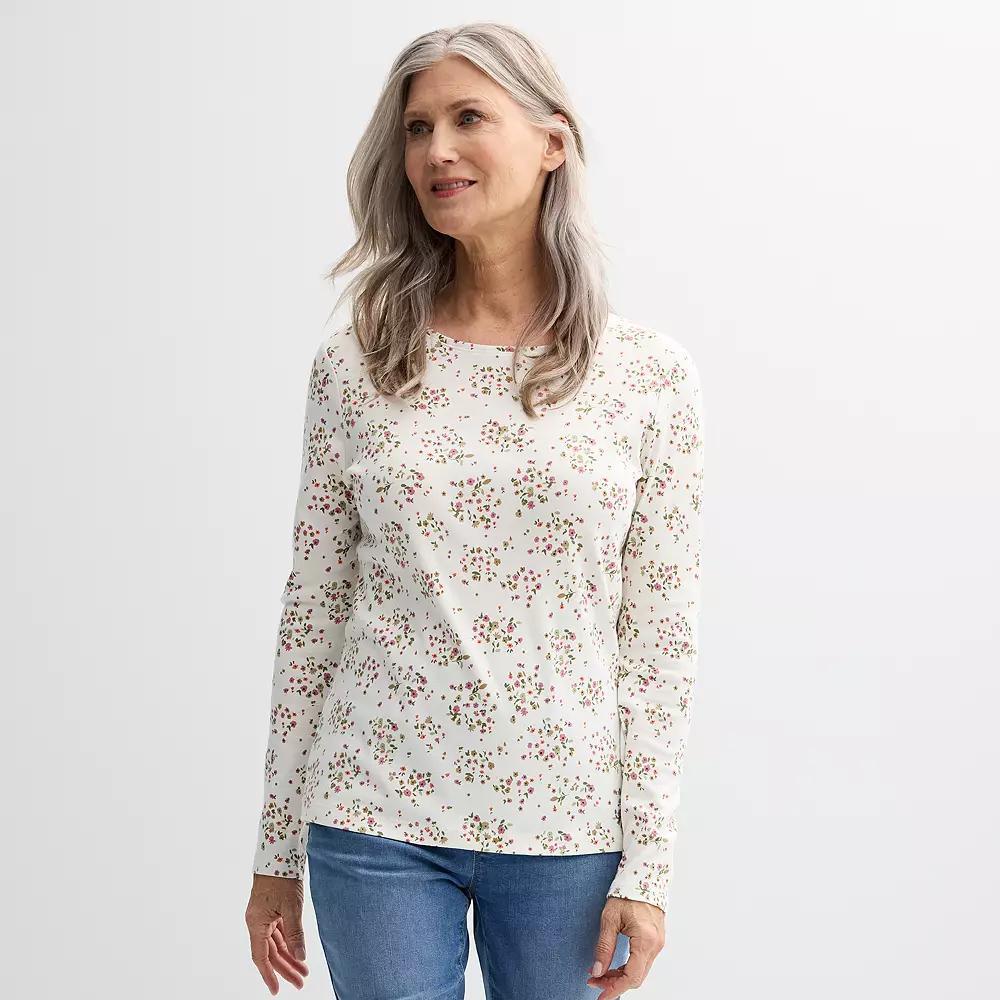 Women's Croft & Barrow® Essential Long-Sleeve Crewneck Tee, Size: Medium, Ivory Garden Floral Product Image