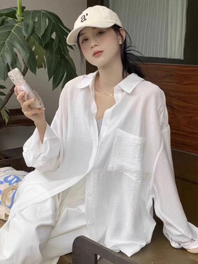 Long Sleeve Collared Plain Shirt Product Image