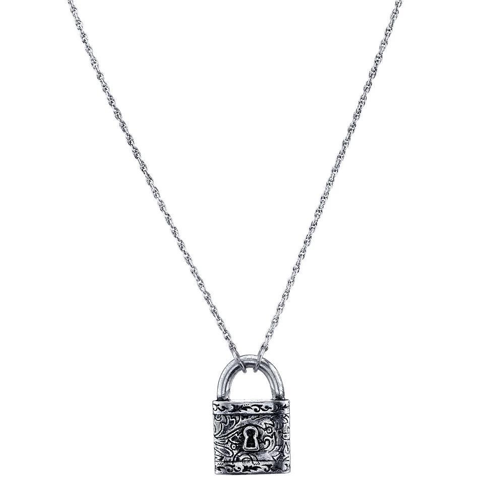 1928 Silver Tone Filigree Padlock Necklace, Womens Product Image