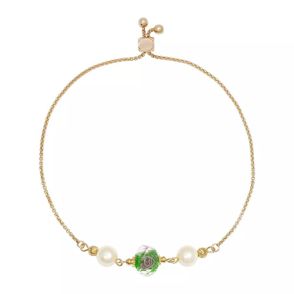 1928 Gold Tone Simulated Crystal Olivine Flower and Simulated Pearl Bracelet, Womens, Green Product Image