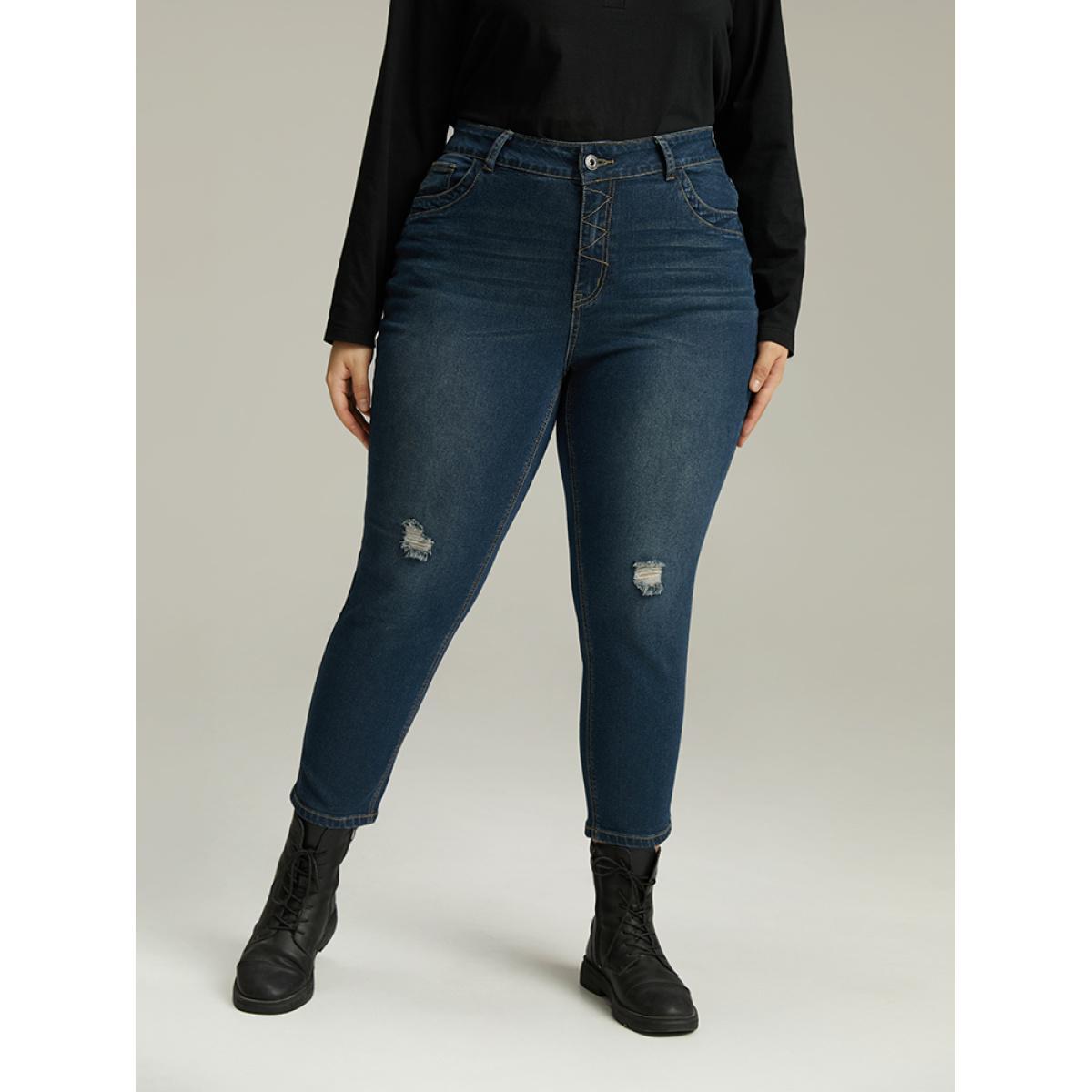 Plus Size Stitch Detail Distressed Very Stretchy Jeans Women Indigo Casual Plain Plain High stretch Pocket Jeans BloomChic 20/2X Product Image