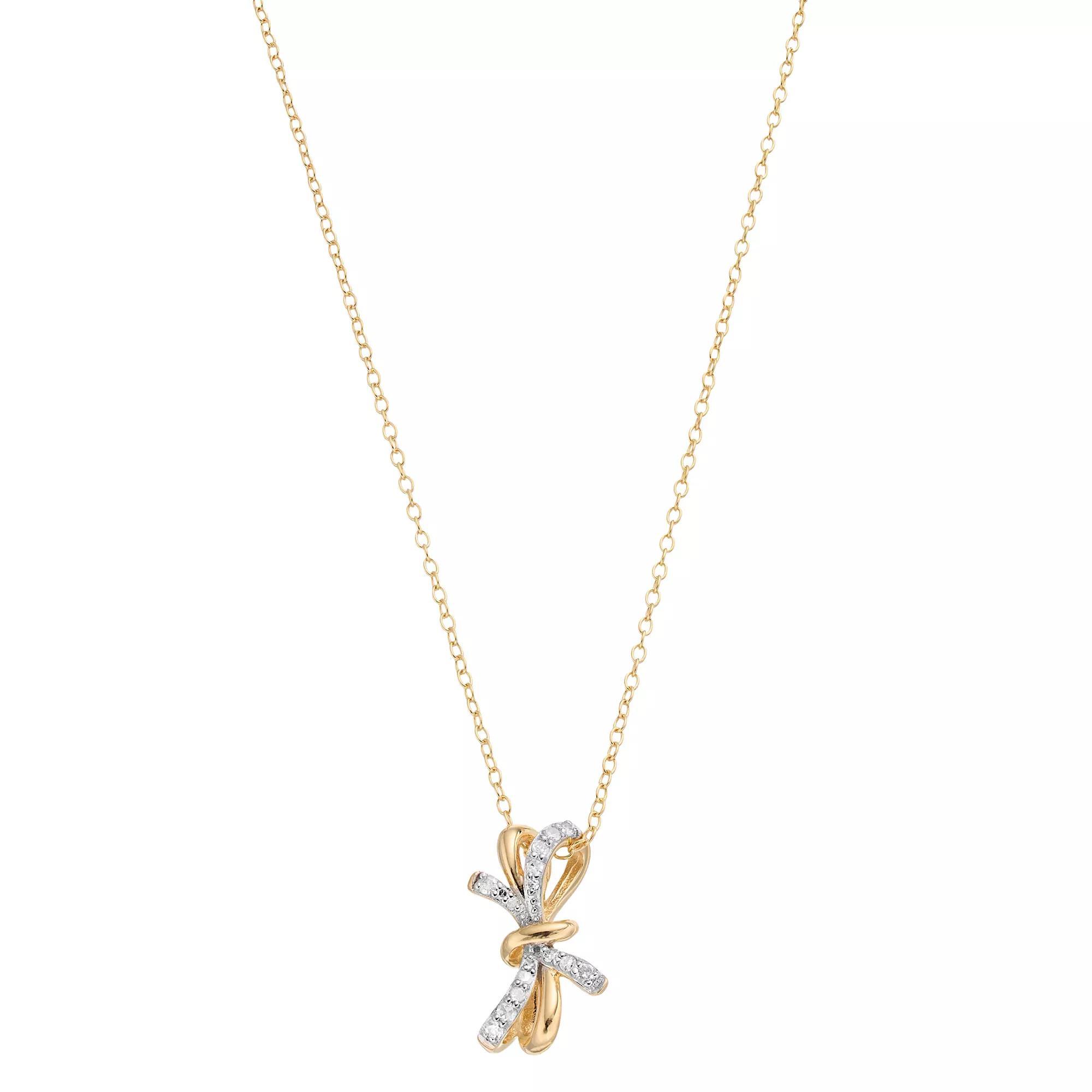 14k Gold Over Silver 1/8 Carat T.W. Diamond Bow Pendant Necklace, Women's, Size: 18", White Product Image