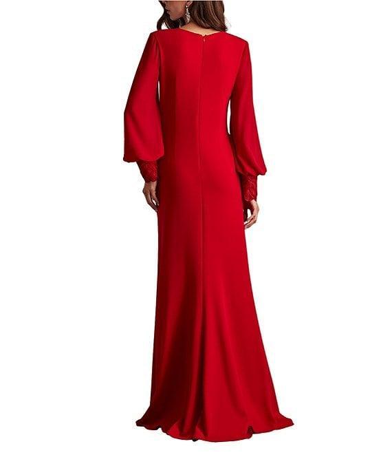 Tadashi Shoji V-neck Bishop Sleeve Floral Lace Applique Column Gown Product Image
