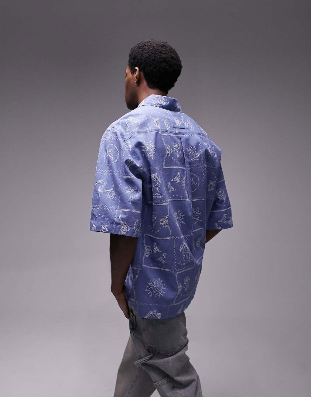 Topman short sleeve all-over embroidered relaxed western shirt in blue Product Image