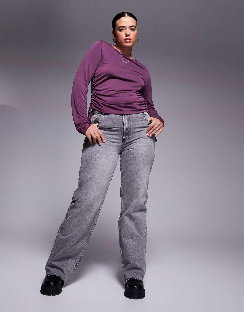 ASOS DESIGN Curve soft handle long sleeve top with ruched sides in burgundy Product Image