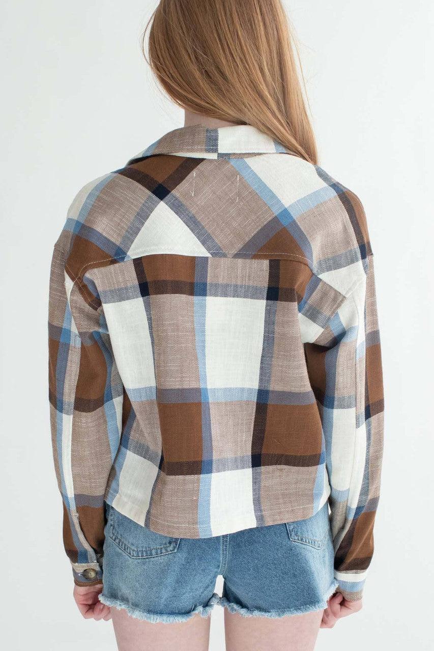 Blue & Brown Linen Blend Plaid Cropped Jacket Product Image