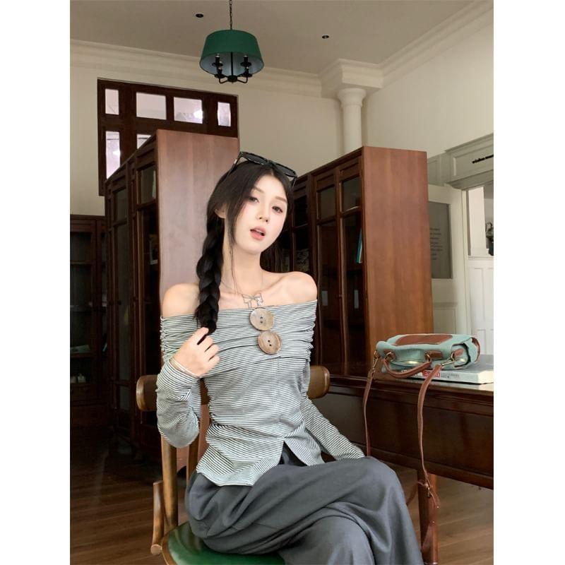 Long Sleeve Off Shoulder Striped Button Slit Top Product Image