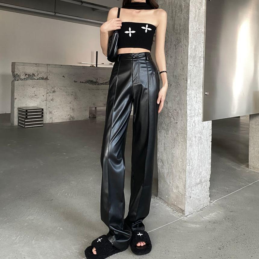 High Rise Faux Leather Straight Leg Pants Product Image