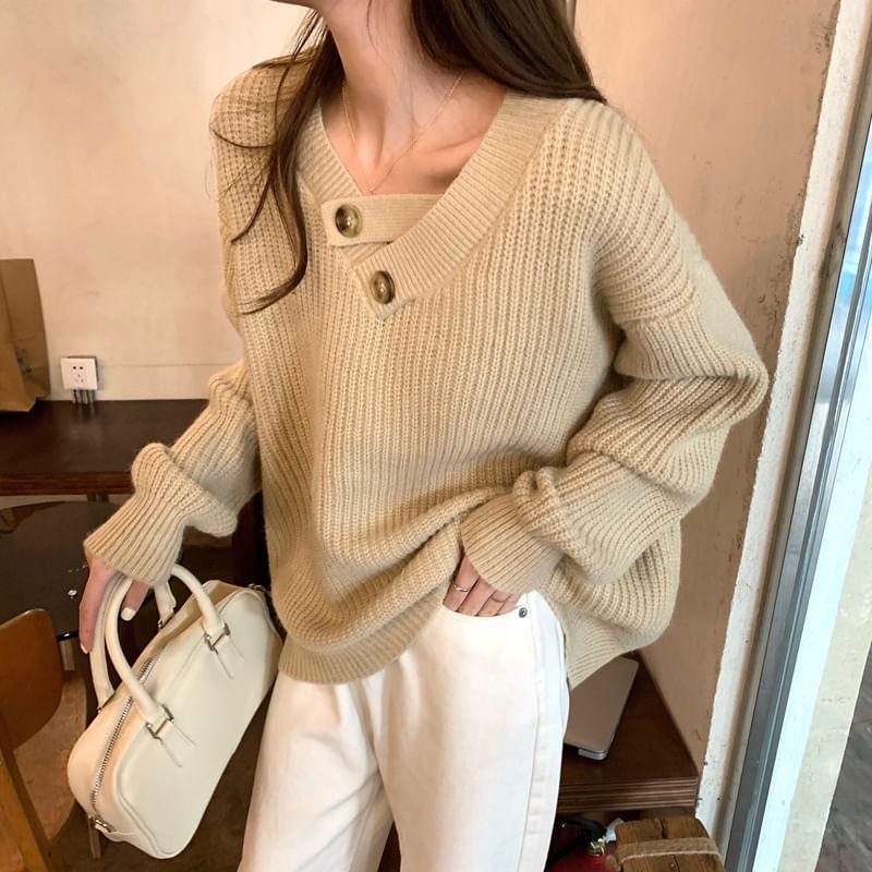 Asymmetrical Neck Plain Button Accent Sweater Product Image
