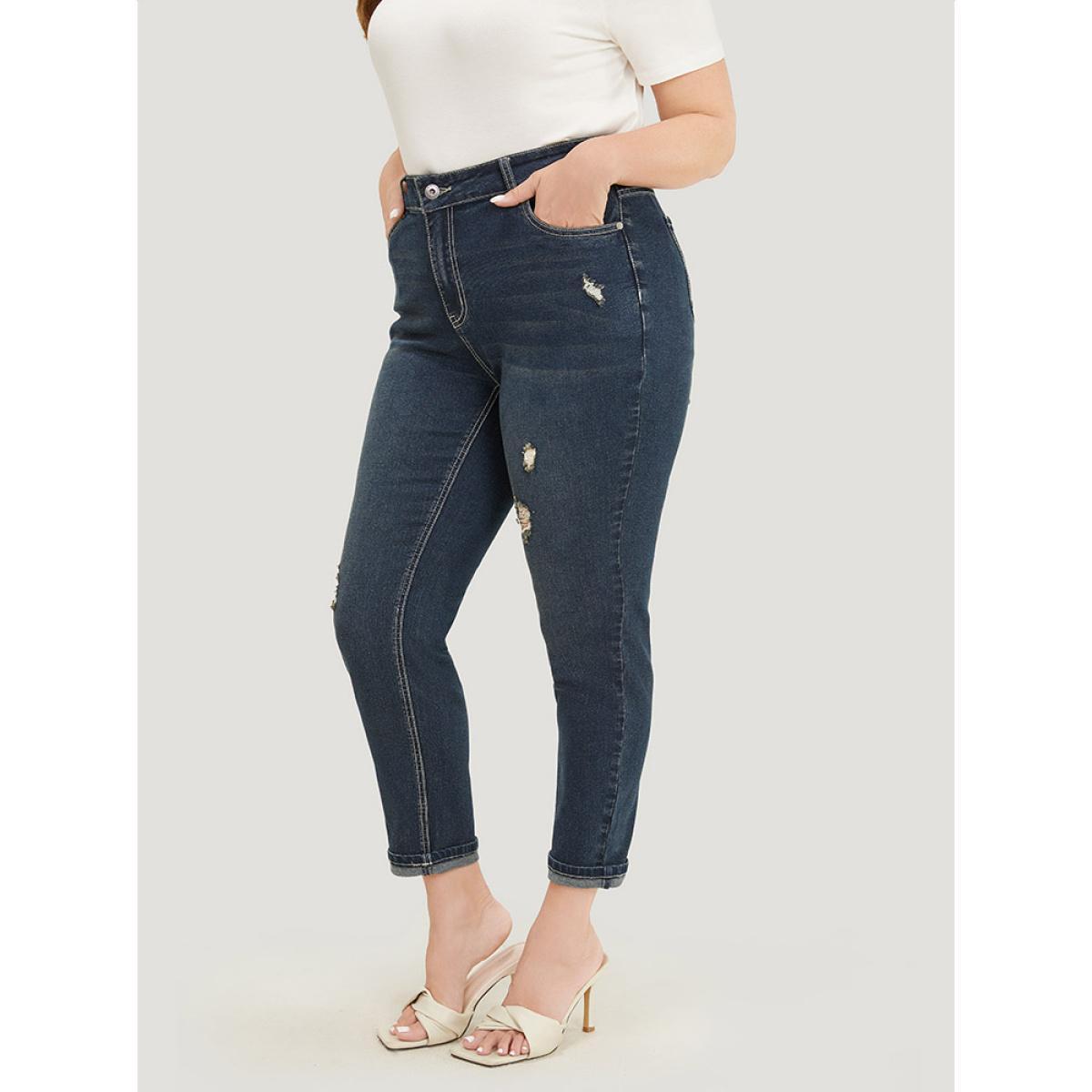 Plus Size Very Stretchy High Rise Dark Wash Distressed Stitch Jeans Women Midnight Casual Plain Roll Hem High stretch Jeans BloomChic 22/3X Product Image