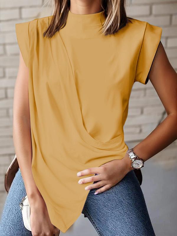 Loose Sleeveless Asymmetric Pleated Solid Color Split-Joint Mock Neck T-Shirts Tops Product Image