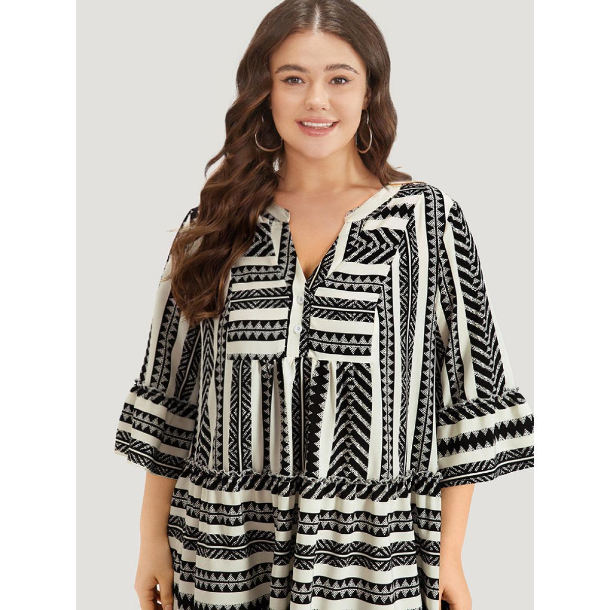 Plus Size Bandana Striped Pocket Button Detail Notched Patchwork Dress White Women Vacation Printed V-neck Elbow-length sleeve Curvy Midi Dress BloomChic 12/L Product Image