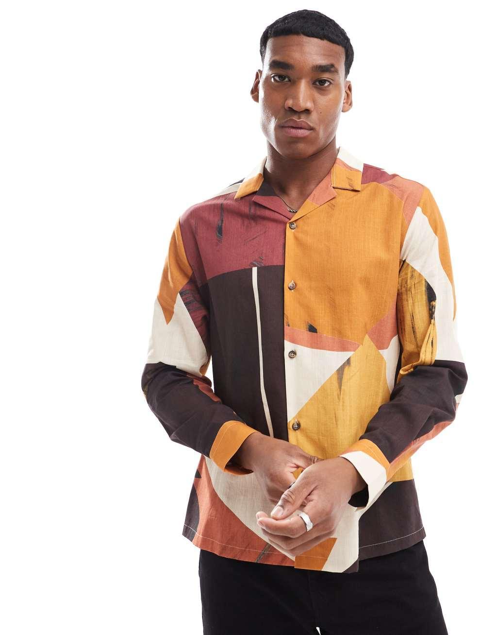 ASOS DESIGN relaxed revere shirt with abstract print in red Product Image
