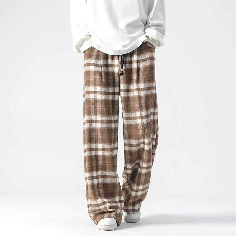 Drawstring Waist Plaid Wide Leg Pants Product Image