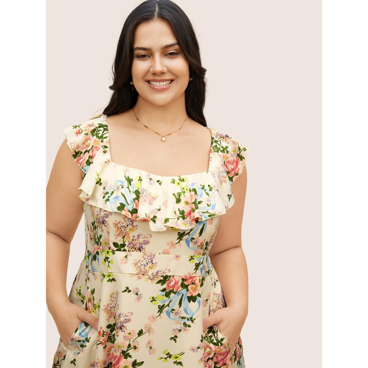 Plus Size Square Neck Floral Ruffle Trim Dress Beige Women Elegant Ruffles Square Neck Sleeveless Curvy BloomChic 10/M Product Image