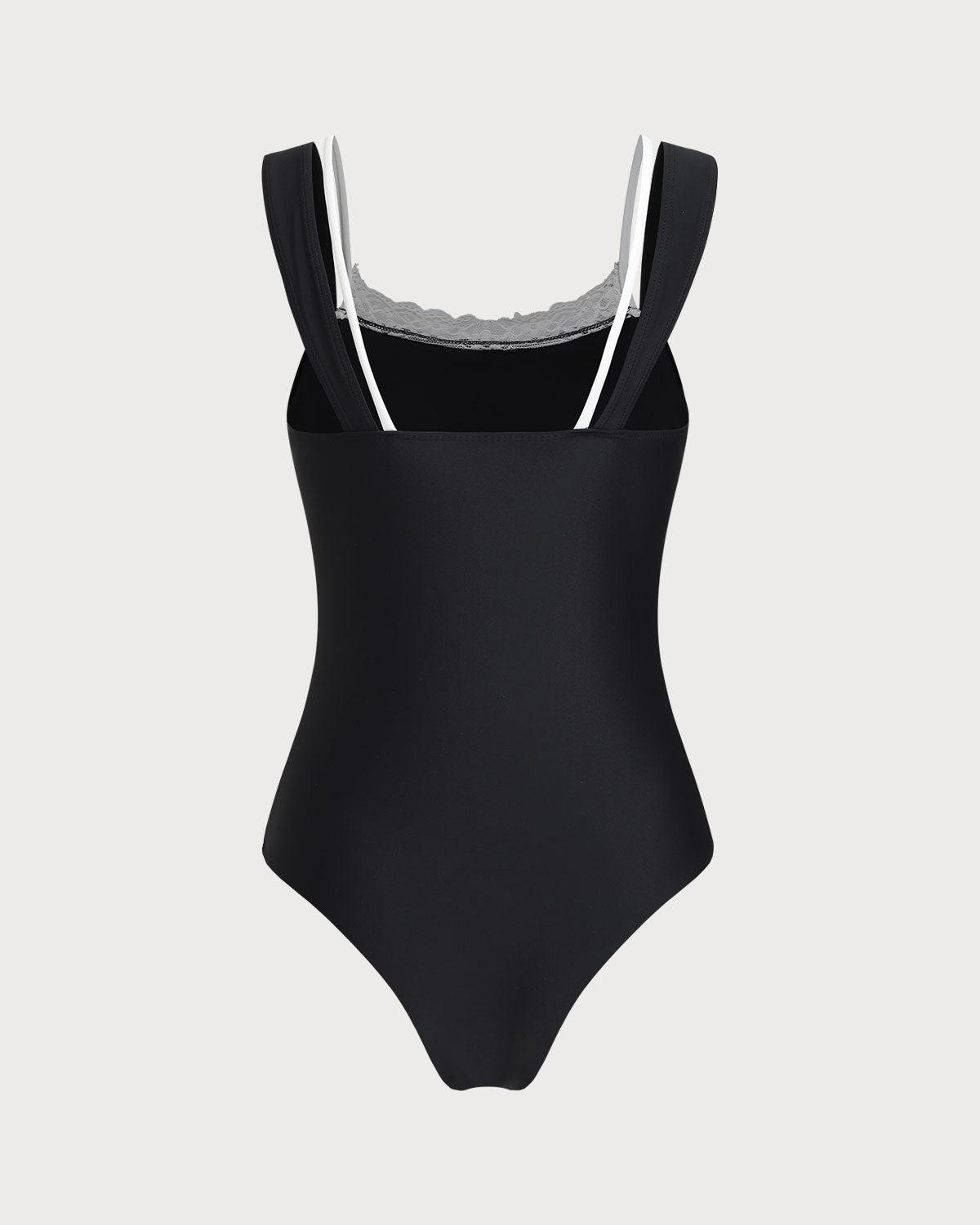 Black Contrast Lace One-Piece Swimsuit Product Image