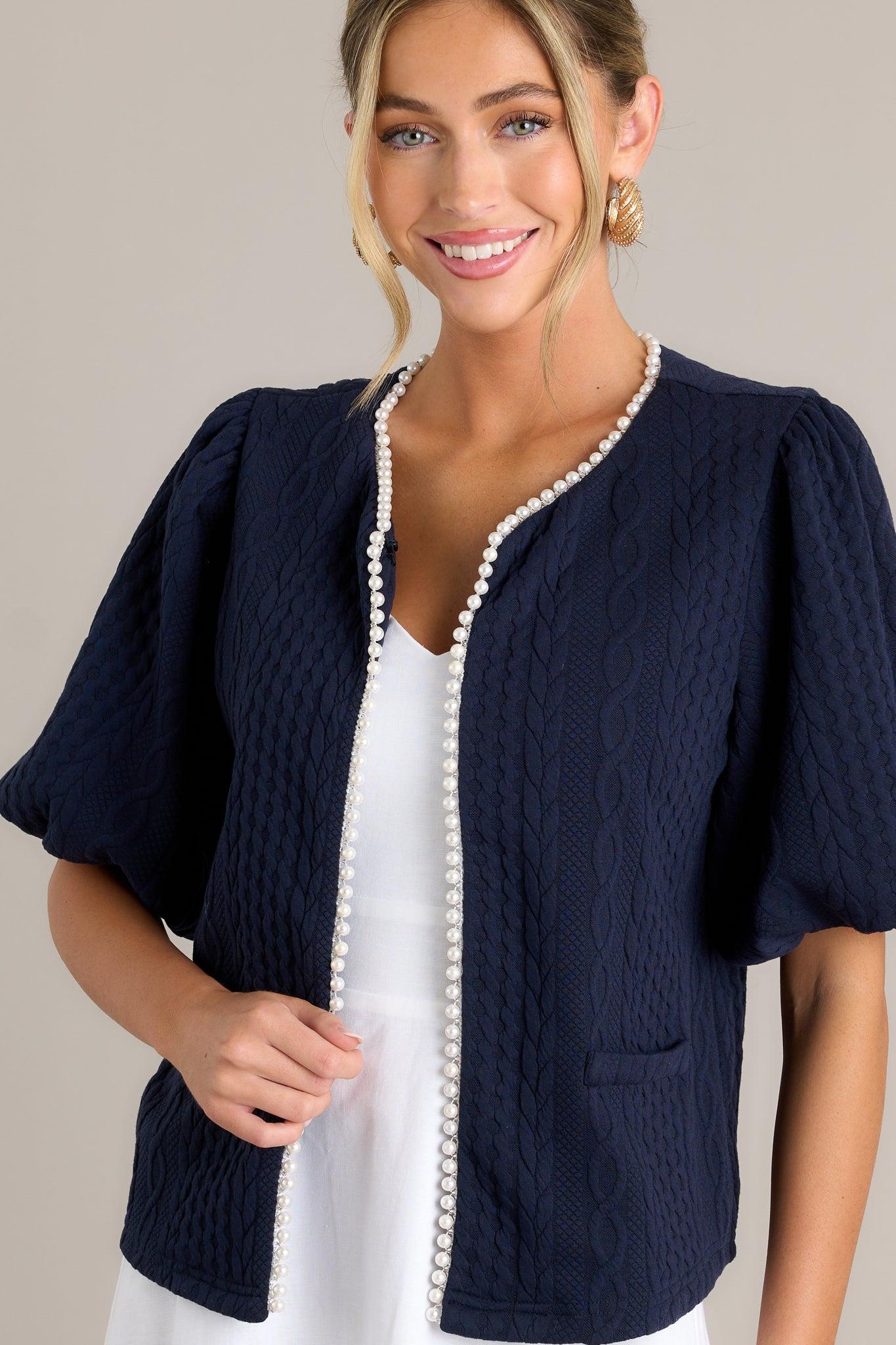 Universal Charm Navy Short Puff Sleeve Jacket Product Image