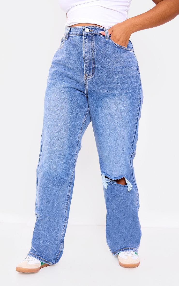 Plus Light Blue Wash Open Knee Long Leg Straight Leg Jeans Product Image